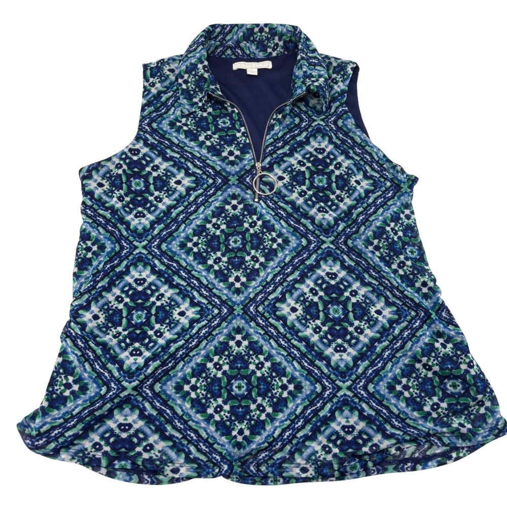 Juniper + Lime Blue Green Geometric Diamond Quarter Zip Sleeveless Top Large